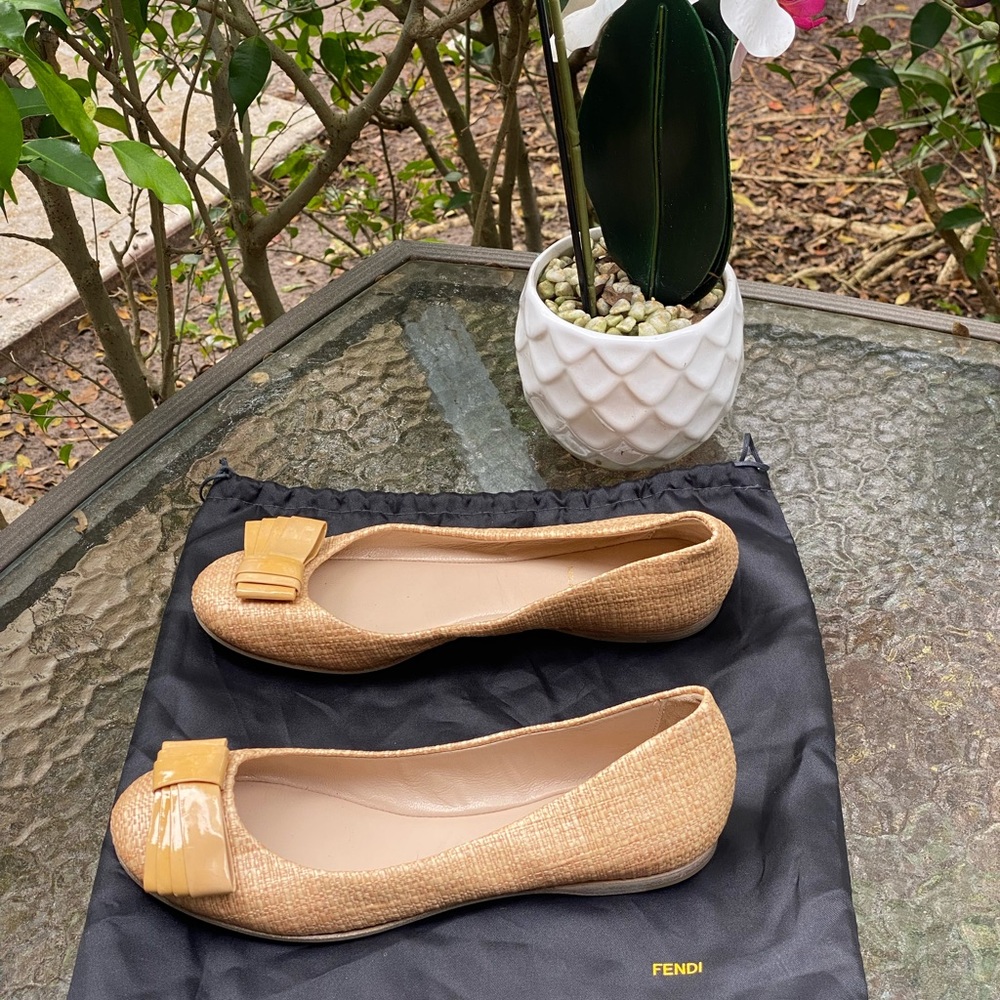 Fendi Yellow Tweed & Patent Leather Bow Ballet Flats - Picture 11 of 16